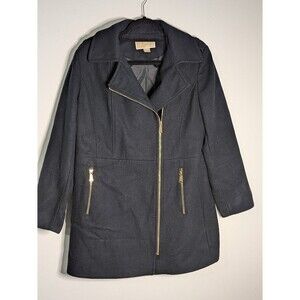 Michael Kors Wool Blend Zip Coat Woman's 10 Navy Moto Gold Hardware peacoat
